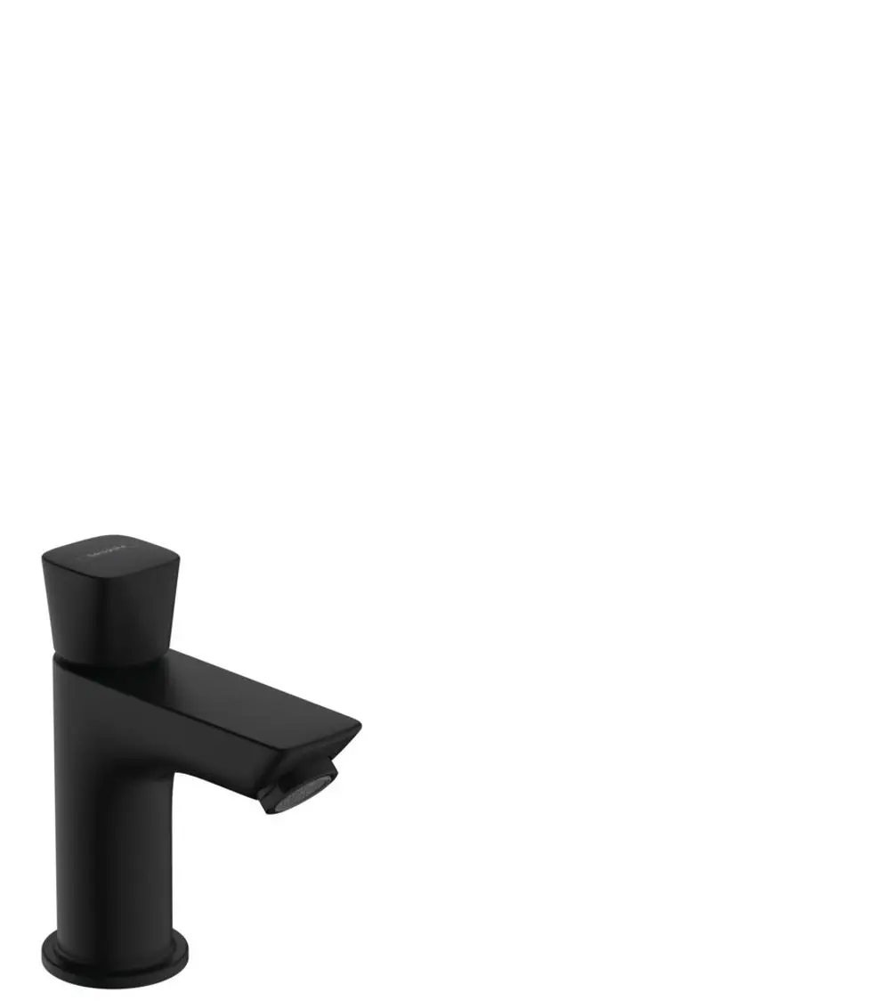 Schwarzes Standventil von Hansgrohe mit einem klaren, sanitärtechnischen Design, geeignet für Kaltwasser oder vorgemischtes Wasser, ohne Ablaufgarnitur.